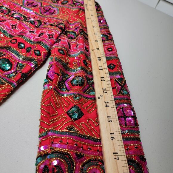 Vintage Nipon Night Jacket Sz M Red Black Sequin Silk Lined Beaded 80s 90s - Picture 15 of 17